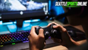Player using a controller during game etruesports on a modern gaming setup.