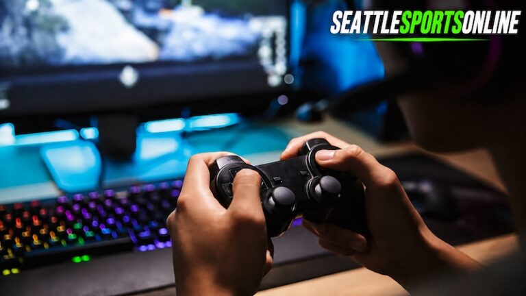 Player using a controller during game etruesports on a modern gaming setup.
